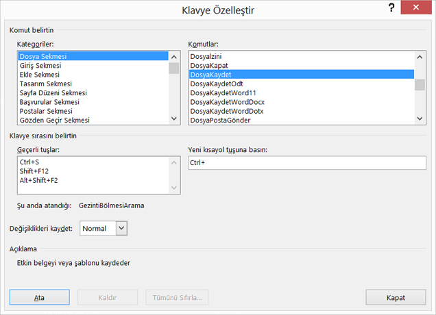 Klavyeyi Özelleştir iletişim kutusunda yeni klavye kısayolu oluşturma