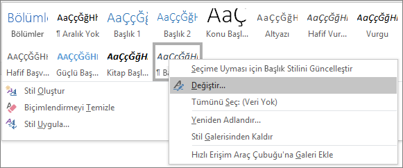 Resim yazılarınızın biçimlendirmesini değiştirmek için Stiller galerisinden Resim yazısı stili seçeneğine sağ tıklayın.