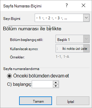 Sayfa Numarası Biçimi iletişim kutusu