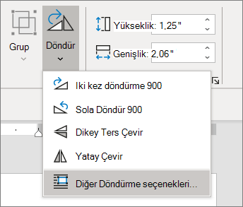 Diğer döndürme seçenekleri öğesinin seçili olduğu Döndür menüsü