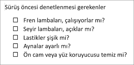 Kutu içeren madde işaretli liste örneği.