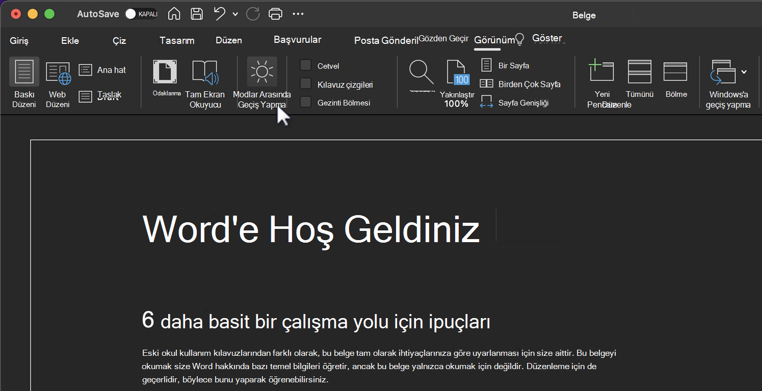 Koyu mod özelliği için modlar arasında geçiş yapın.