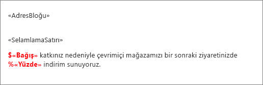 Bağışlar adlı alanın önünde dolar işareti bulunan ve Yüzde adlı alanın önünde yüzde işaretinin bulunduğu örnek adres mektup birleştirme belgesi.