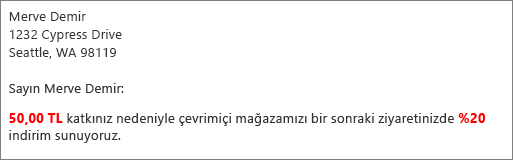 50,00 tutarındaki katkınızı okuyan ve size 20 indirim sunan adres mektup birleştirme belgesi.