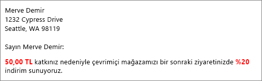 Adres mektup birleştirme sonuçları belgesinde 50,00 TL tutarındaki katkınız okunur ve size %20 indirim sunulur.