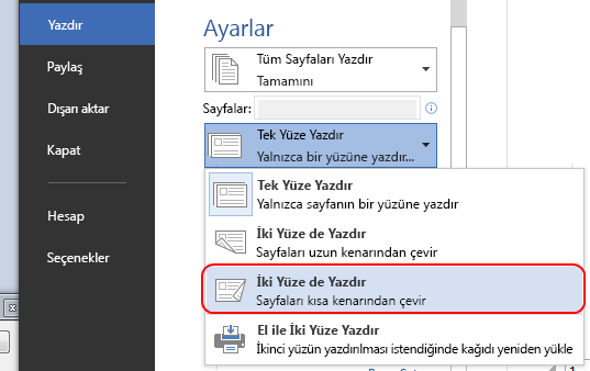 Ayarlar altında, Tek Yüze Yazdır seçeneğini İki Yüze de Yazdır olarak değiştirin.
