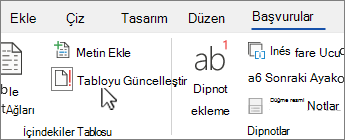 Tabloyu güncelleştir düğmesini gösteren Başvuru sekmesi