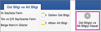 Üst Bilgi ve Alt Bilgi sekmesinde Kapat vurgulanmış
