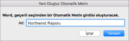 Yeni Otomatik Metin Oluştur iletişim kutusu