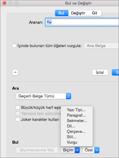 Biçimlendirme seçeneklerini gösterir