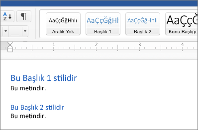 Bir belgedeki Başlık 1 ve Başlık 2 stilleri örnekleri