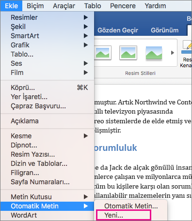 Otomatik Metin > Yeni seçeneğinin vurgulandığı Ekle menüsü