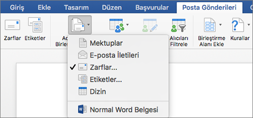 Posta Gönderileri sekmesinde, Adres Mektup Birleştirmeyi Başlat listesinden Zarflar'ı seçin