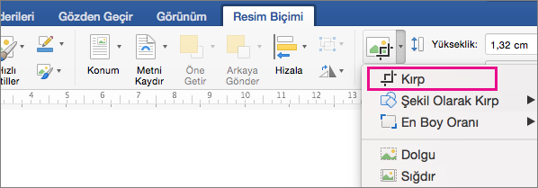 Resim Biçimi sekmesinde Kes seçeneği vurgulanır.