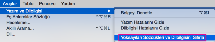 Word’ün yoksaydığı sözcükleri ve dil bilgisi kuralları listesini temizlemek için Yoksayılan Sözcük ve Dil Bilgilerini Sıfırla’ya tıklayın.