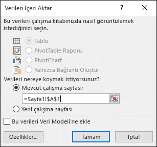Veri İçeri Aktar iletişim kutusunda verileri var olan çalışma sayfasına (varsayılan ayar) veya yeni çalışma sayfasına koymayı seçin.