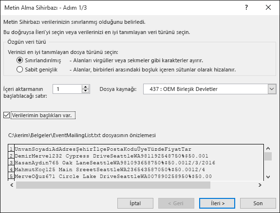 Excel Metin’den Dış Veri Al, Metin İçeri Aktarma Sihirbazı, Adım 1/3