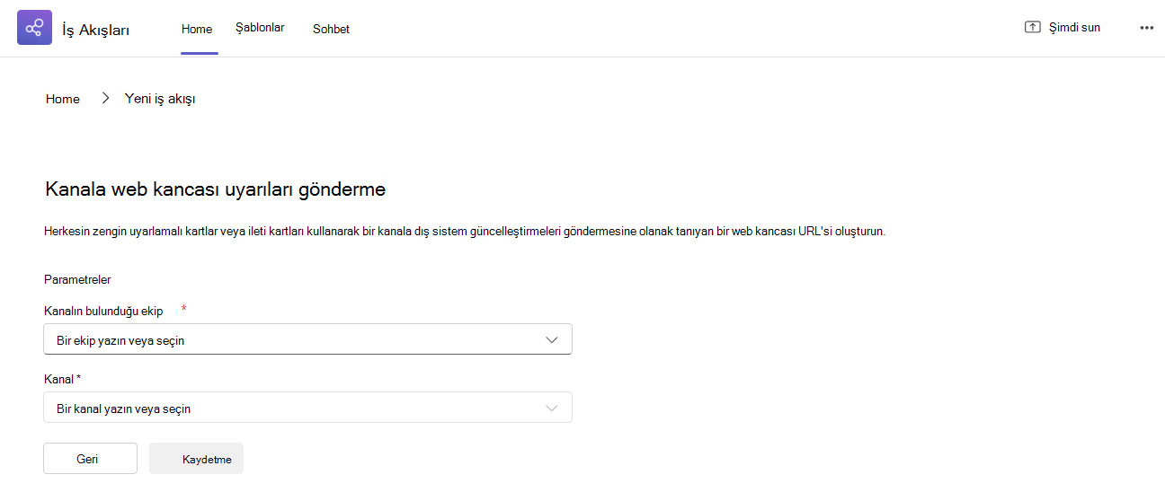Kanala göndermek için web kancası şablonu
