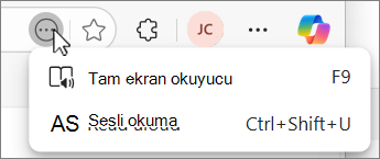Edge Daha fazla eylem düğmesi açılır menüsü ekran görüntüsü.