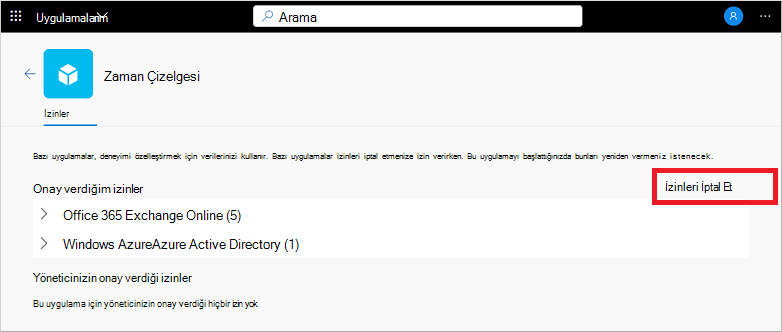 Uygulamalarım portalında uygulama izinlerini iptal etme