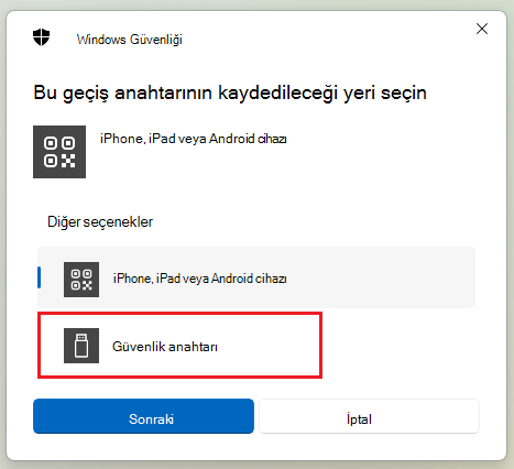 Windows 11'da güvenlik anahtarını kaydetmenin ekran görüntüsü.
