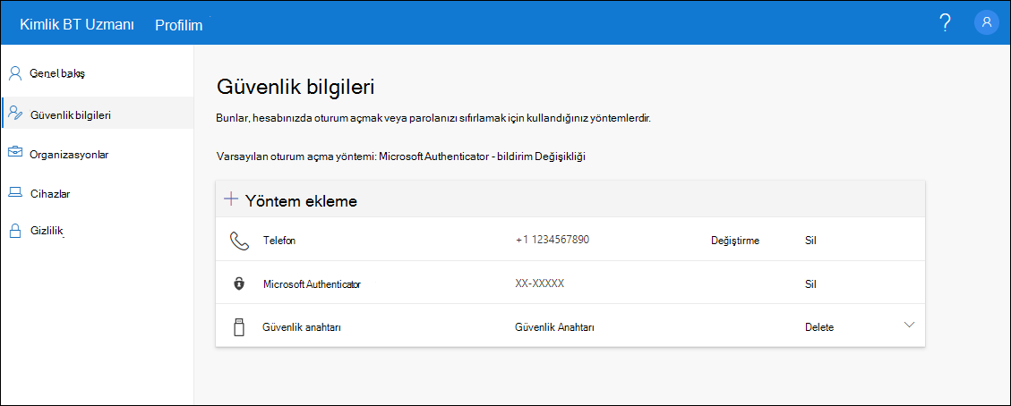 Tüm kayıtlı yöntemlerin gösterildiği güvenlik bilgileri sayfası