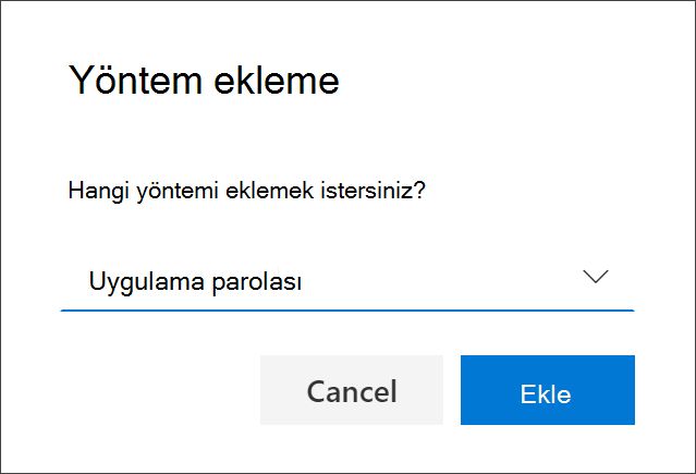 Uygulama parolası seçili durumdaki Yöntem ekle kutusu
