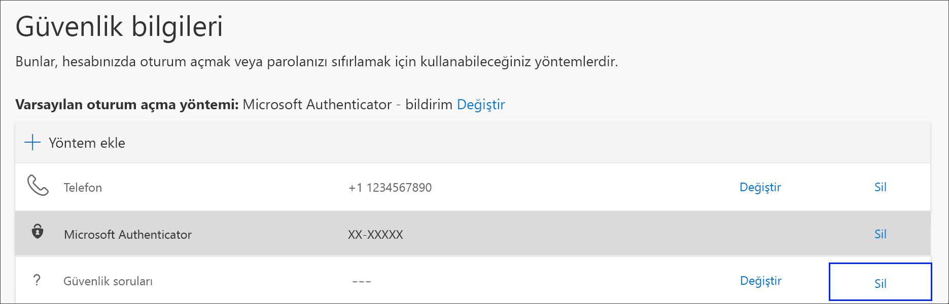 Güvenlik bilgilerinden telefon yöntemini silme bağlantısı