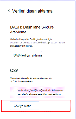 Dashlane'ın verileri dışarı aktarma menüsü ve alt kısımda CSV'ye Aktar düğmesi vurgulanmış.