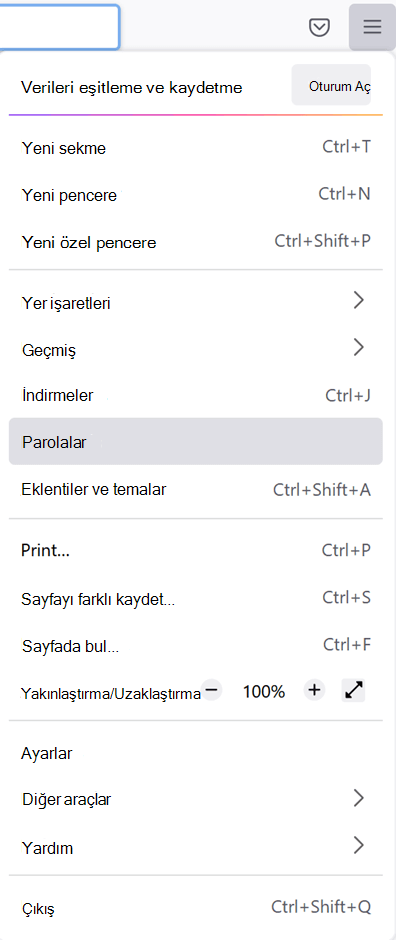 Firefox'ta Parolalar seçeneğinin seçili olduğu ana menü.
