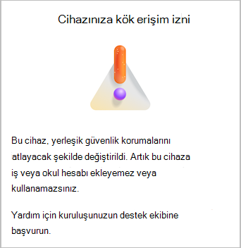 Microsoft Authenticator'da bir cihazın kök erişimli uyarı iletisini gösteren ekran görüntüsü.
