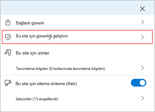 Bu site için güvenliği geliştir özelliğini gösteren Microsoft Edge site bilgileri menüsü.