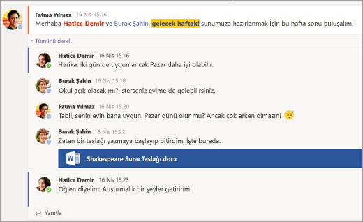 Konuşma sekmesinde, öğrenciler arasında geçen bir konuşma.
