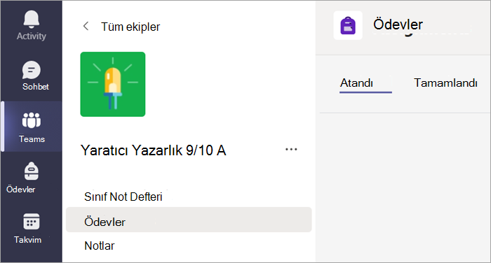 Bir sınıftaki ödevlerinizi görüntülemek için Ödevler sekmesini seçin.