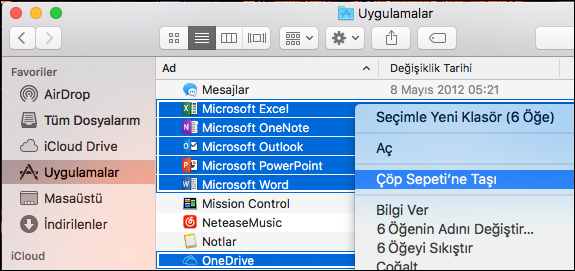 Office uygulamalarını çöpe taşıma