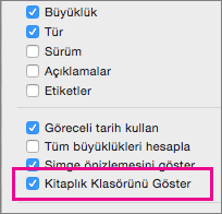 Kitaplık dosyaları ayarını Finder Görünüm seçeneklerinde gösterme