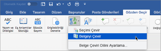 Belgeyi Çevir’in vurgulandığı Gözden Geçir sekmesi