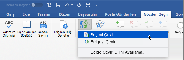 Seçimi Çevir’in vurgulandığı Gözden Geçir sekmesi