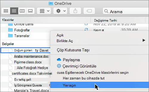 Mac'teki Finder'da OneDrive DosyalarFiles On-Demand options'ın ekran görüntüsü