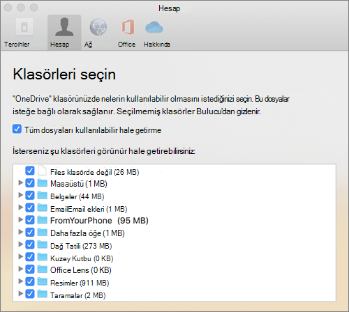 The Choose Folders dialog box under the Mac için OneDriveMac için OneDrive Preferences window