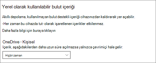 OneDrive dosyalarının ne zaman yalnızca çevrimiçi yapılacağını seçmek için Windows 10 Depolama açılan listesi