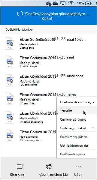 OneDrive kişisel tercihlerini ayarlamanın ekran görüntüsü