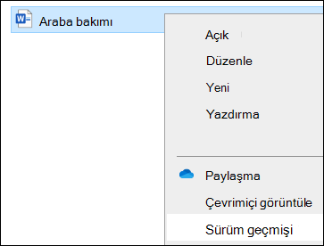 Dosya GezginiDosya Gezgini menüsünü içeren Sürüm geçmişi seçeneği.