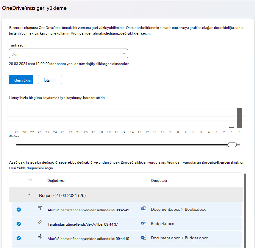 OneDrive dosya etkinliklerinizi geri yükleyin.