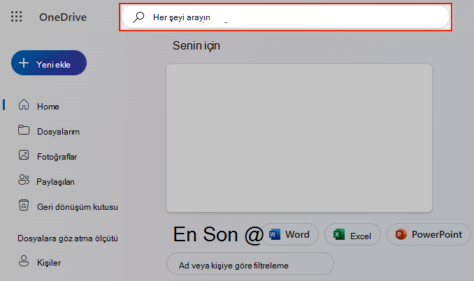 OneDrive’da her şeyi ara seçimi