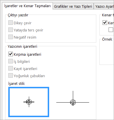 İşaretler ve Kenar Taşmaları sekmesinde Kırpma işaretleri onay kutusunu seçin
