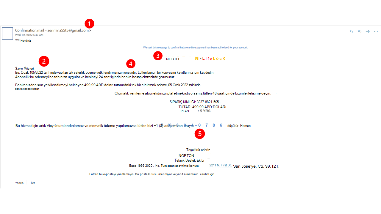 Norton'dan geliyormuş gibi davranan bir dolandırıcılık e-postası örneği.