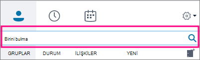 Skype Kurumsal Arama kutusu boşken Gruplar, Durum, İlişkiler ve Yeni sekmeleri kullanılabilir.