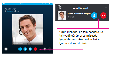 Skype Kurumsal penceresinin hem de küçültülmüş penceresinin tamamının ekran görüntüleri