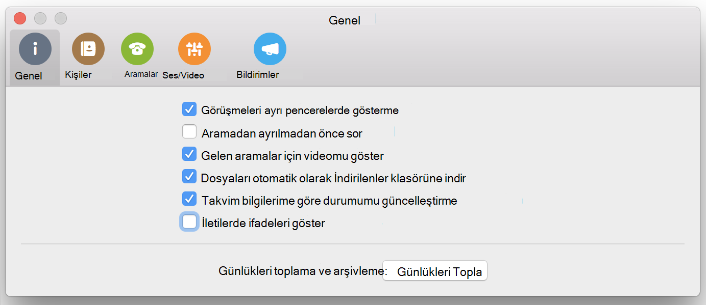 Tercihler Genel sayfasındaki iletilerde ifadeleri göster onay kutusu